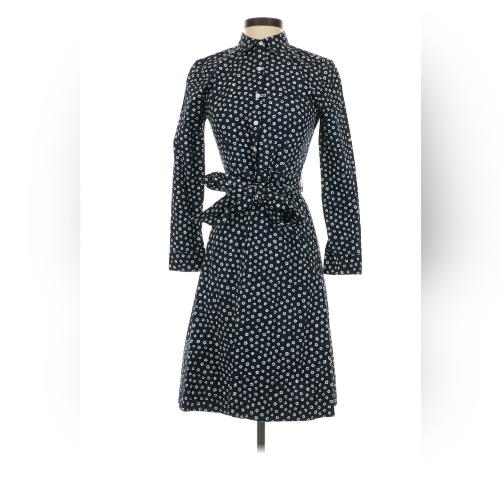 J. Crew Factory Navy Blue Long Sleeve Button-Front Dress with White Dot Print